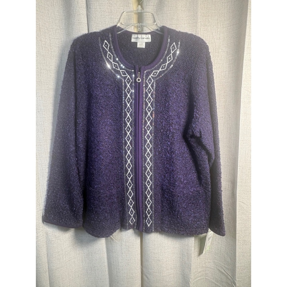 Cathy Daniels Purple Boucle Zip Front Cardigan Sequin Embroidery XL NEW